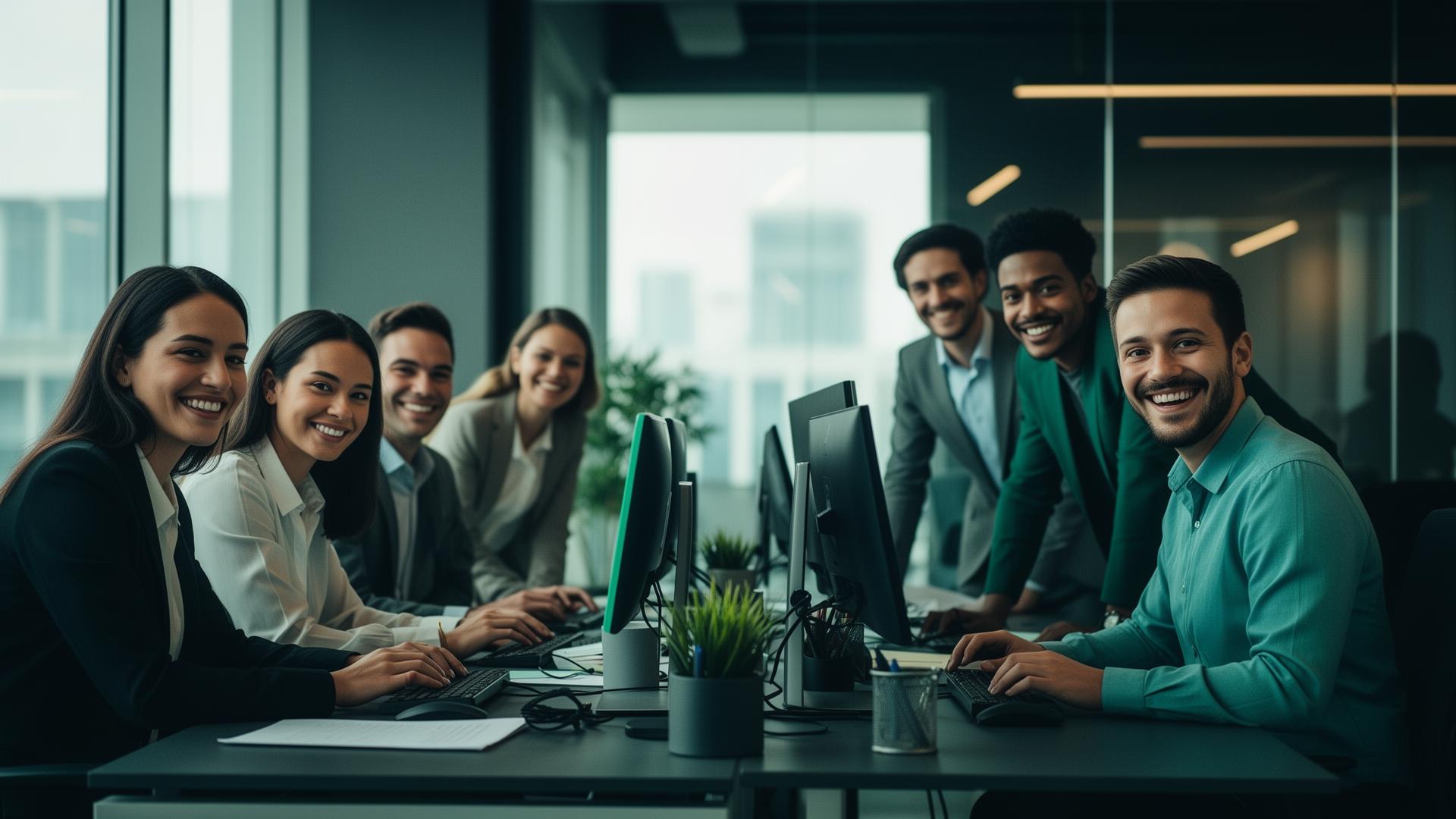 Equipe profissional sorrindo enquanto trabalha em computadores no escritório